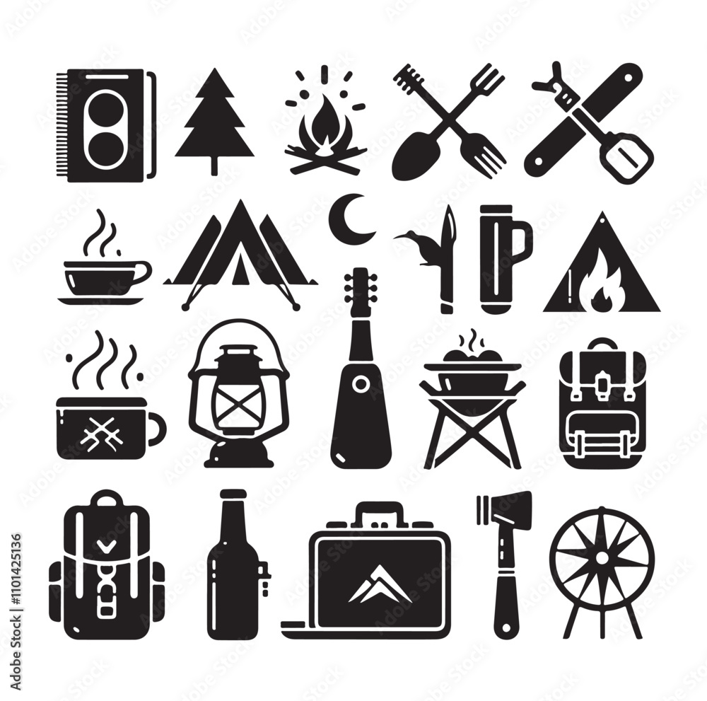 Obraz premium Camping elements set silhouette vector illustration 