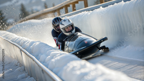 Close up of bobsled runner slicing through icy track during high-speed run
