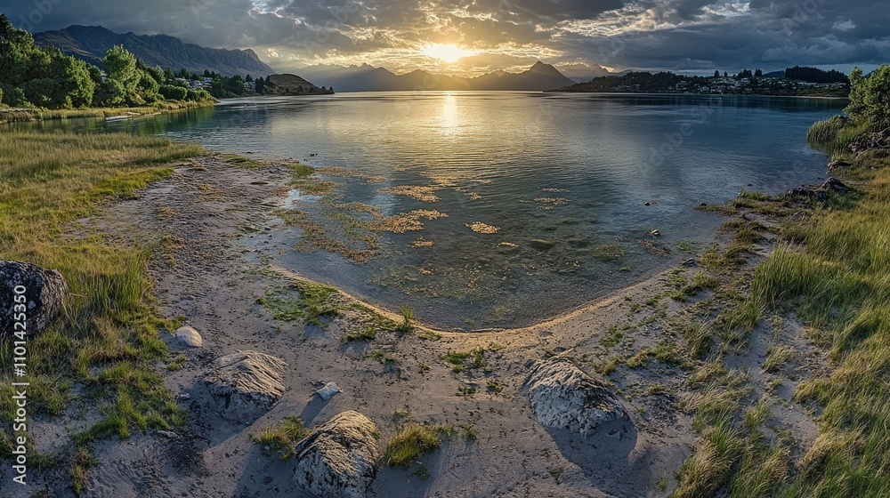 Obraz premium Serene lakeside view with mountains and a sunset, showcasing nature's beauty.