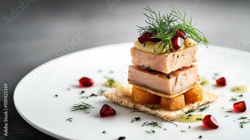 Gourmet appetizer with stacked salmon, creme fraiche, dill, and pomegranate seeds on a crouton, artistically plated on a white dish. photo