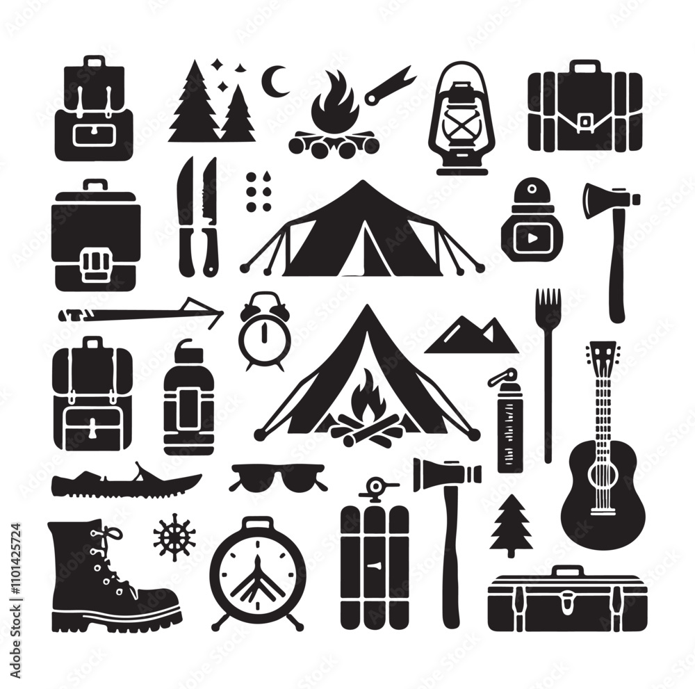 Fototapeta premium Camping elements set silhouette vector illustration 