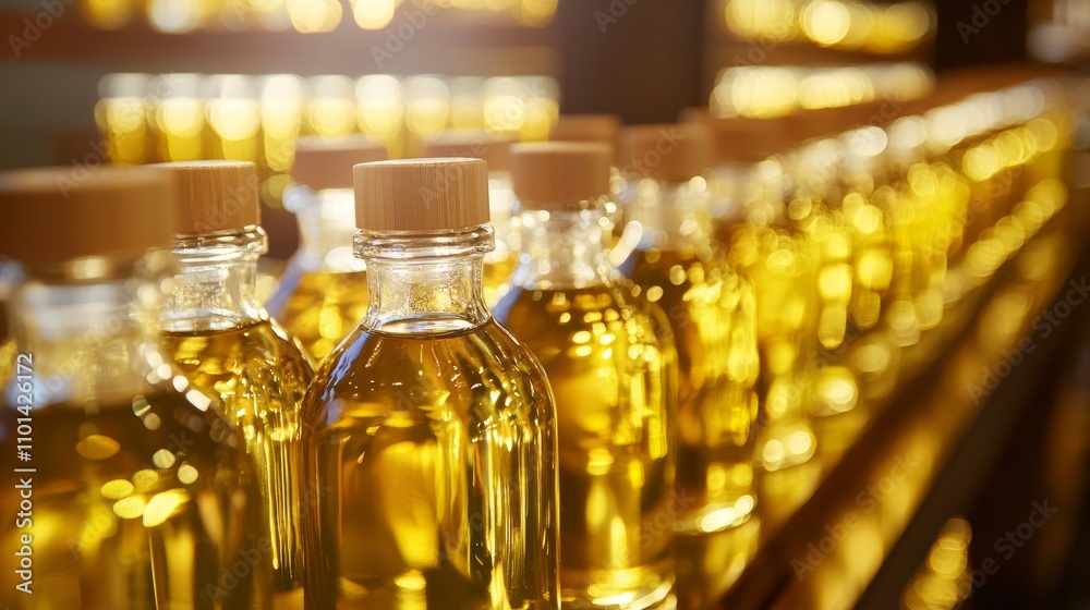 Golden oil bottles in warm light on a store shelf Golden oil bottles in warm light on a store shelf