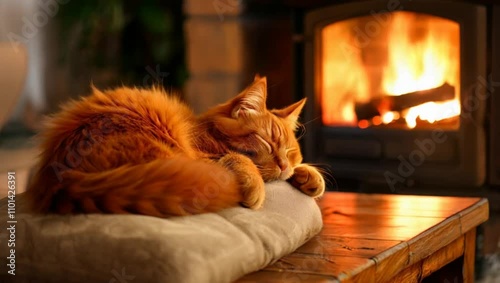 beautiful red hair Cat peacefully sleeping on a cozy table near fireplace
