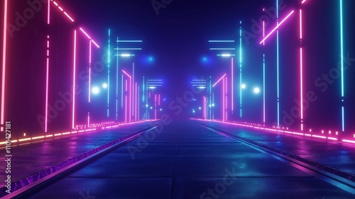 Empty futuristic street at night. Neon lights illuminate geometric structures. Spotlight shines on pathway. Virtual reality tech concept. Cyberpunk style. Dark night. Mockup scene. Empty street for