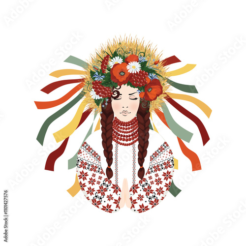Pray for Ukraine. A Ukrainian woman prays in an embroidered vyshyvanka and a wreath of wildflowers, poppies, daisies, viburnum, herbs, and ears of wheat