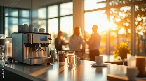Coffee machine with disposable cups in modern office at sunset with coworkers chatting