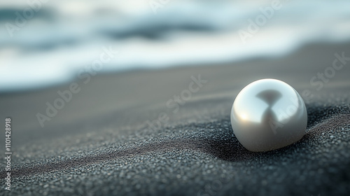 Shiny pearl on wet sand by the ocean