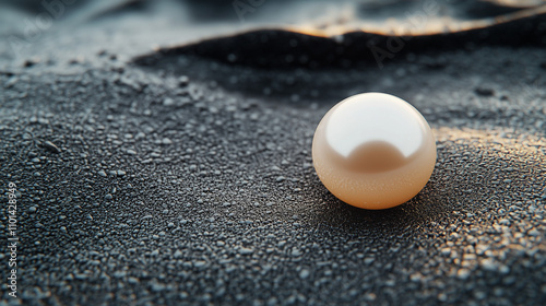 White pearl resting on textured black sand