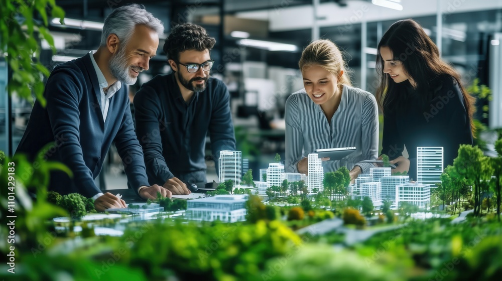 Naklejka premium Architects working on sustainable green city project model with plants