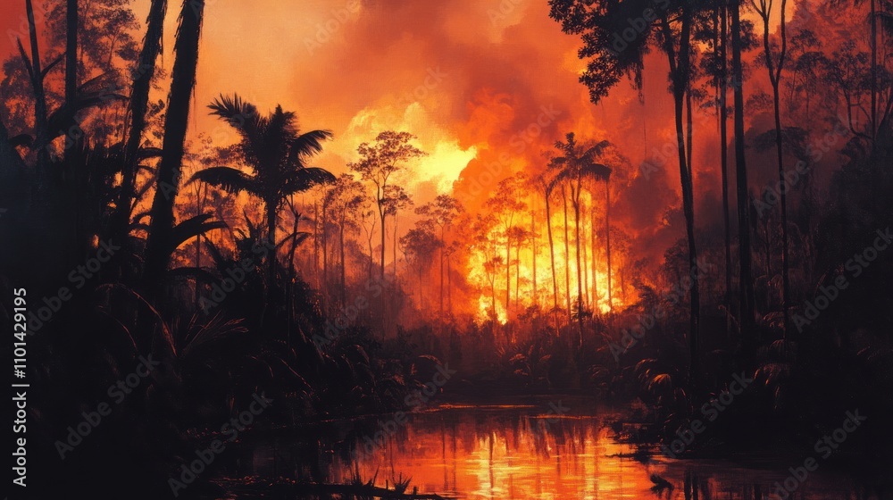 Fiery Inferno Consumes Tropical Forest Reflecting in Still Water Fiery Inferno Consumes Tropical Forest Reflecting in Still Water