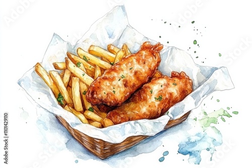 Watercolor Illustration of Fish and Chips on a Clean White Background -  Art