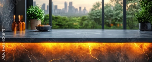 dark marble tabletop illuminated softly against a blurred kitchen background inviting viewers to envision culinary creations and product displays in a luxurious setting