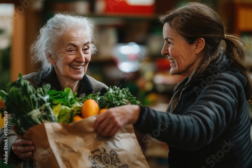 Volunteer helping elderly woman with groceries at food bank