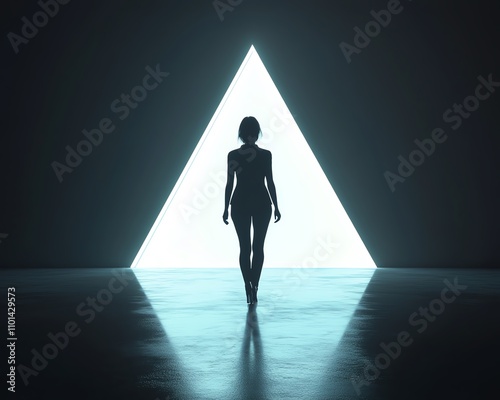 Businesswoman silhouette illuminated by an arrowshaped beam of light, dark background, representing career direction and personal aspiration, 3D render photo