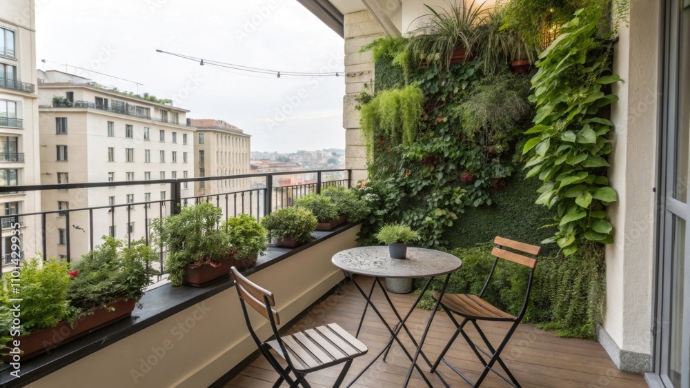 Fototapeta premium On this charming balcony a small iron table is surrounded by stylish folding chairs. Above a flourishing vertical garden bursts with greenery transforming the area into a tranquil