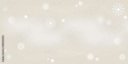 Falling white snowflakes on blurred horizontal background with copy space. An atmosphere of winter calm in beige clouds. Abstract waves and glows in vector pattern. Snowy silence of nature