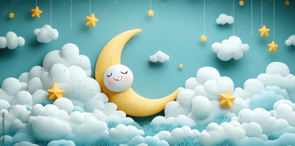 Obraz premium A Smiling Moon Rests Among Fluffy Clouds and Stars