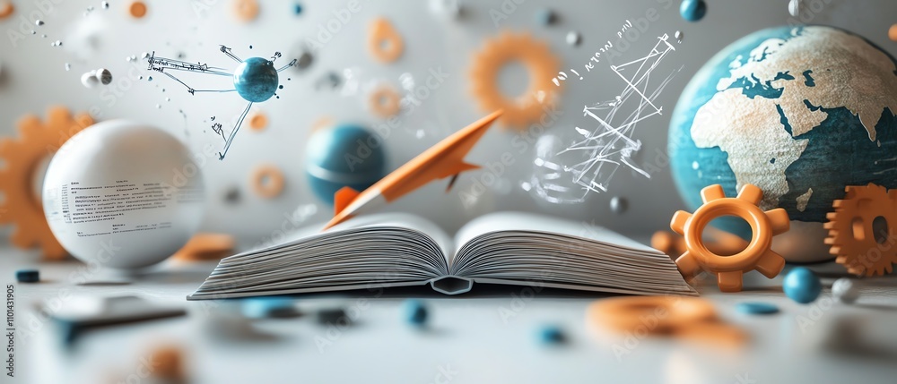 Obraz premium Illustration of scientific and educational objects like a book, paper plane, gears, and globe, with equations on a white background, symbolizing learning and progress, 3D render