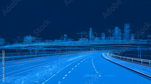 Abstract Cityscape, Highway Design, Wireframe City at Night, Urban Infrastructure, Futuristic Metropolis, Digital Blueprint photo