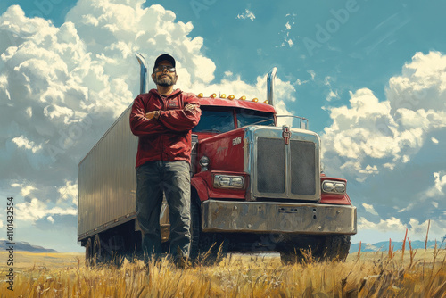 Man standing in front of a parked truck on a country road. Sunny day, blue sky, green fields in the background. Casual attire, looking at phone. photo