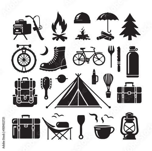 Camping elements set silhouette vector illustration 