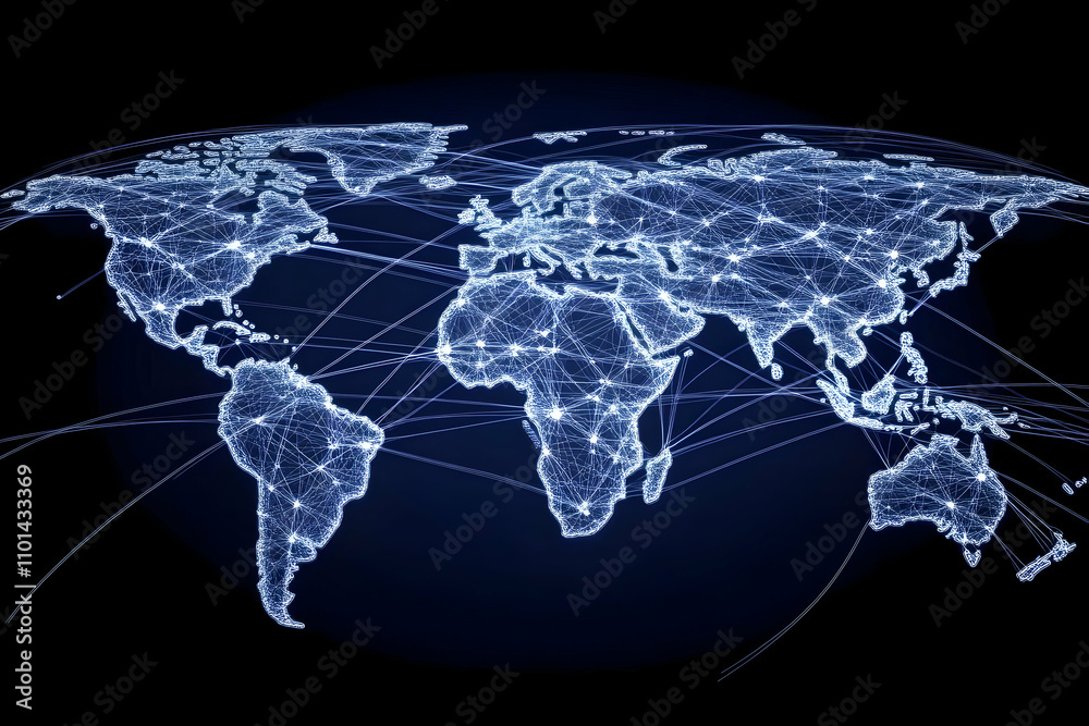 Fototapeta premium Global Network, Illuminated World Map Illustrating Interconnectedness
