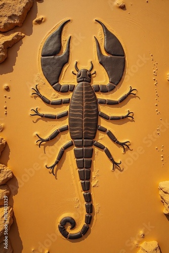 Large scorpion sculpture on a bright yellow background in a striking artistic display photo