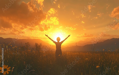 Person standing in a field with arms raised at sunset, golden orange sky, symbolizing freedom, hope, and empowerment, highquality 3D render