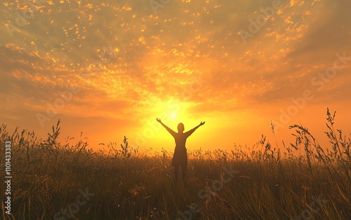 Person standing in a field with arms raised at sunset, golden orange sky, symbolizing freedom, hope, and empowerment, highquality 3D render photo