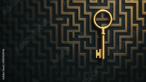 Unlocking potential golden key amidst intricate maze abstract concept enigmatic environment focused viewpoint symbolism of opportunity photo