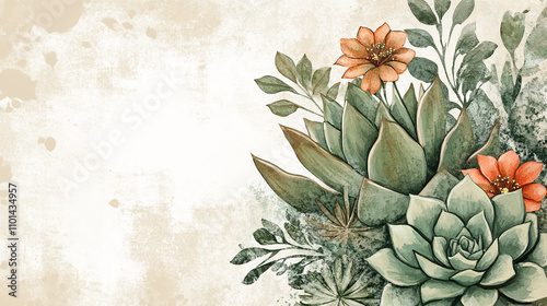 Succulent and Cactus Illustration with Watercolor Washes, Sage and Terracotta Tones