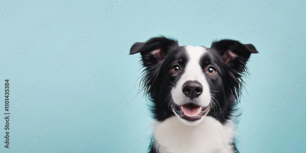 Fototapeta premium Happy Border Collie dog portrait. Black white fur pet on light blue background. Cute animal face head. Clean simple design. Monochromatic color scheme. Space for text. Ideal for pet blogs websites