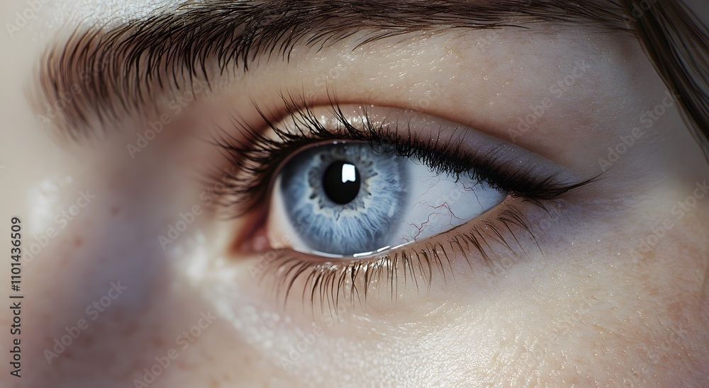 Obraz premium Close up of beautiful woman's eye with contact lenses. Vision health and smooth healthy skin care concept, eyelash extension procedure with long eyelashes.