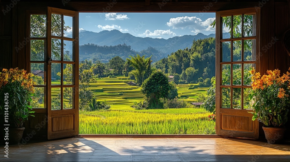 Fototapeta premium A scenic view of terraced rice fields framed by open windows, showcasing nature's beauty.