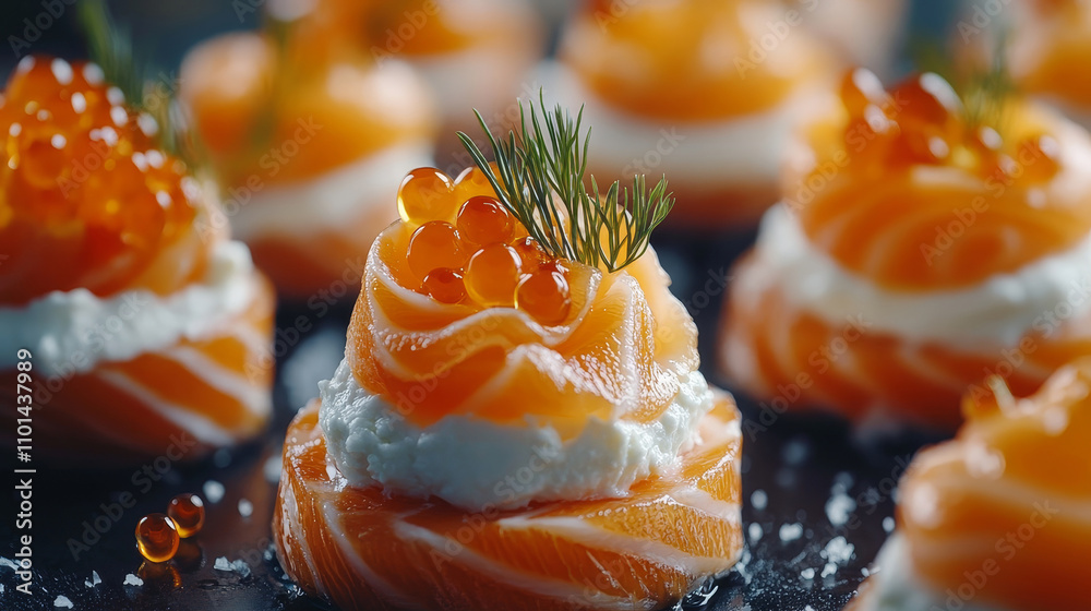 Canapes, which consist of a layer of lightly salted salmon, on top of which there is a creamy mass and decorated with red caviar and a sprig of dill. Canapes, which consist of a layer of lightly salted salmon, on top of which there is a creamy mass and decorated with red caviar and a sprig of dill.
