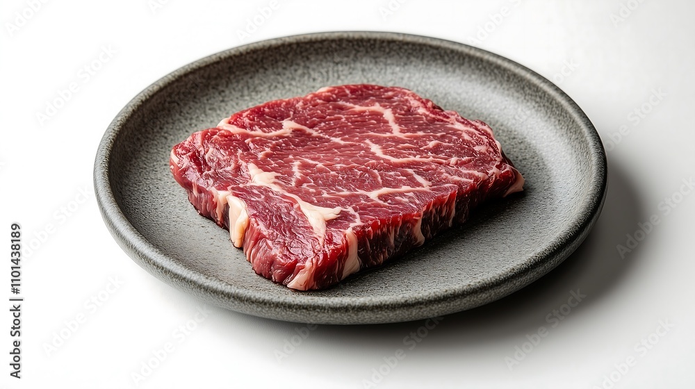 raw uncooked fresh beef steak on a modern minimalist ceramic plate white background, meat product food presentation raw uncooked fresh beef steak on a modern minimalist ceramic plate white background, meat product food presentation