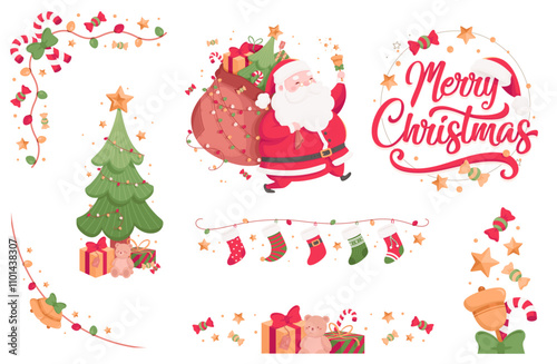 Christmas design line collection with different corner, separator, main and frame elements
