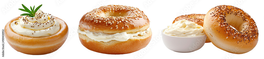 Three delicious bagels with various toppings, including cream cheese and a garnish, showcasing different textures and flavors. Three delicious bagels with various toppings, including cream cheese and a garnish, showcasing different textures and flavors.