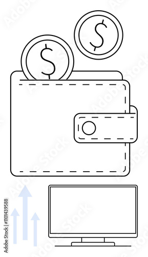 Digital wallet holding coins with dollar signs, a computer monitor, and upward arrows. Ideal for e-commerce, online payments, fintech, digital banking, financial growth, investment economic