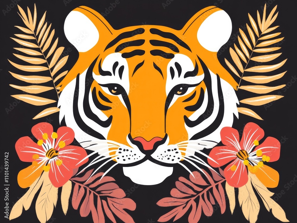 Fototapeta premium Vivid illustration of a tiger face framed by tropical flowers and leaves on a black background, ideal for modern decor, posters, and exotic wildlife-themed designs...