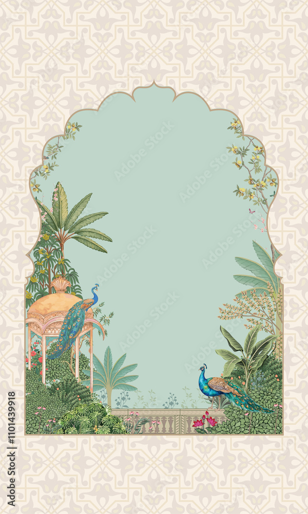 custom made wallpaper toronto digitalTraditional Mughal Garden arch, plant, peacock seamless pattern illustration for invitation
