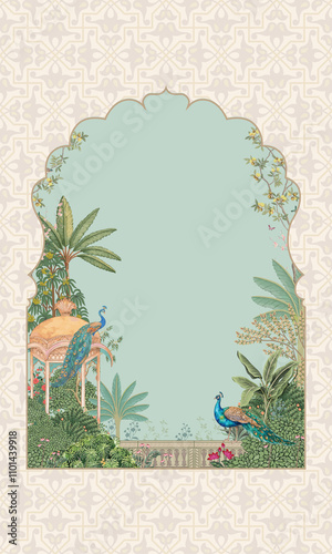 Wallpaper Mural Traditional Mughal Garden arch, plant, peacock seamless pattern illustration for invitation Torontodigital.ca