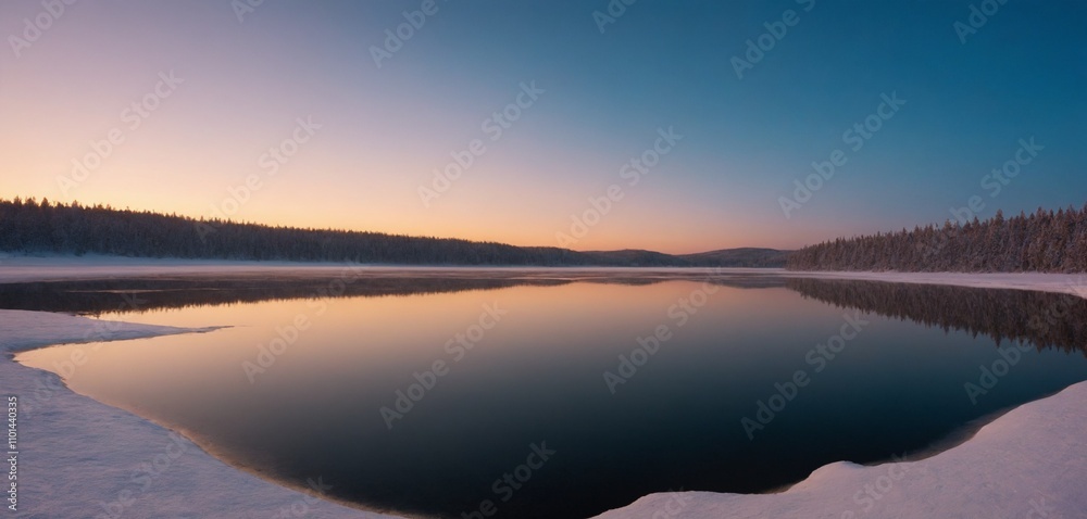 Fototapeta premium Frozen lake at sunrise with snowy forest reflection