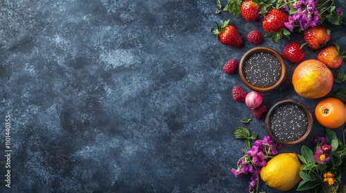 Wallpaper Mural Fresh Fruits,Vegetables,and Chia Seeds Against a Dark Background.Concept of Healthy eating, fresh produce,nutrition,wellness,Food and beverage,health food stores,wellness apps,nutrition consulting. Torontodigital.ca