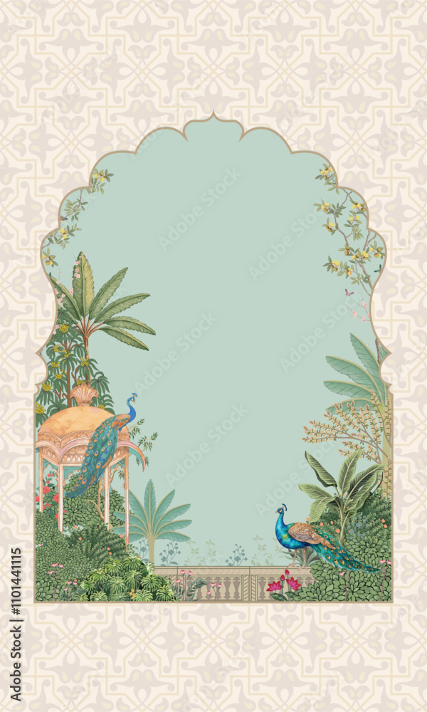 custom made wallpaper toronto digitalTraditional Mughal Garden arch, plant, peacock seamless pattern illustration for invitation