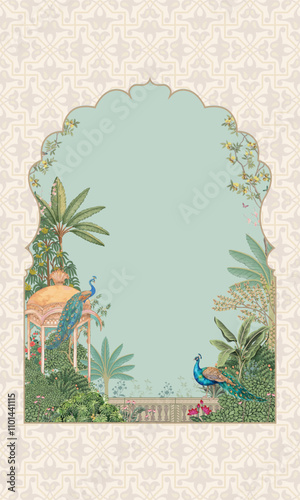 Traditional Mughal Garden arch, plant, peacock seamless pattern illustration for invitation