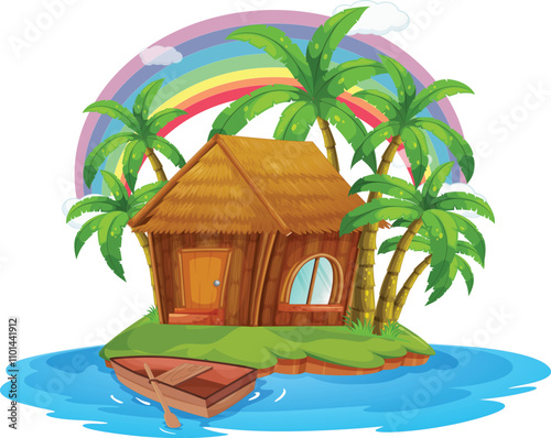 Tropical Hut with Rainbow and Palm Trees by the Beach