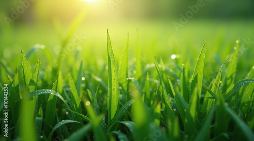 Fresh Lush Green Grass Lawn Background with Morning Dew Water Drops Close-up