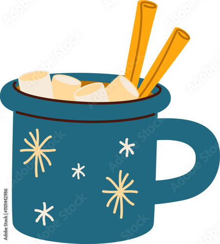 Cocoa with marshmallow in cup. Winter drink, hot chocolate in Christmas mug. Warm sweet Xmas cacao, choco beverage with yummy candies and steam. Flat vector illustration isolated on white background