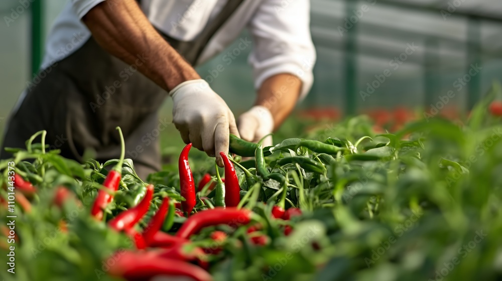 Fototapeta premium Workers harvest fresh peppers in a greenhouse during a sunny day in autumn
